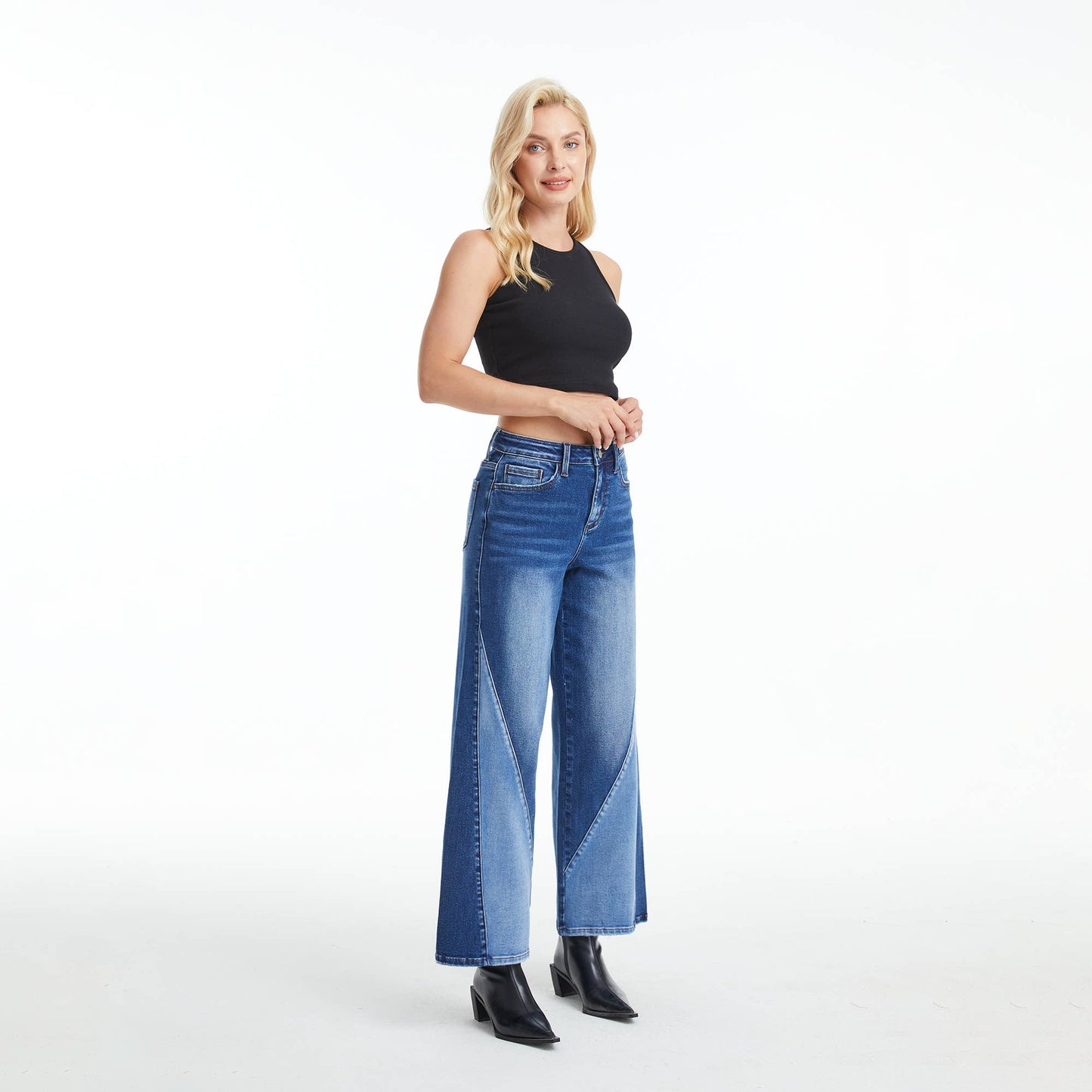 HIGH RISE TWO-TONES WIDE LEG JEANS
