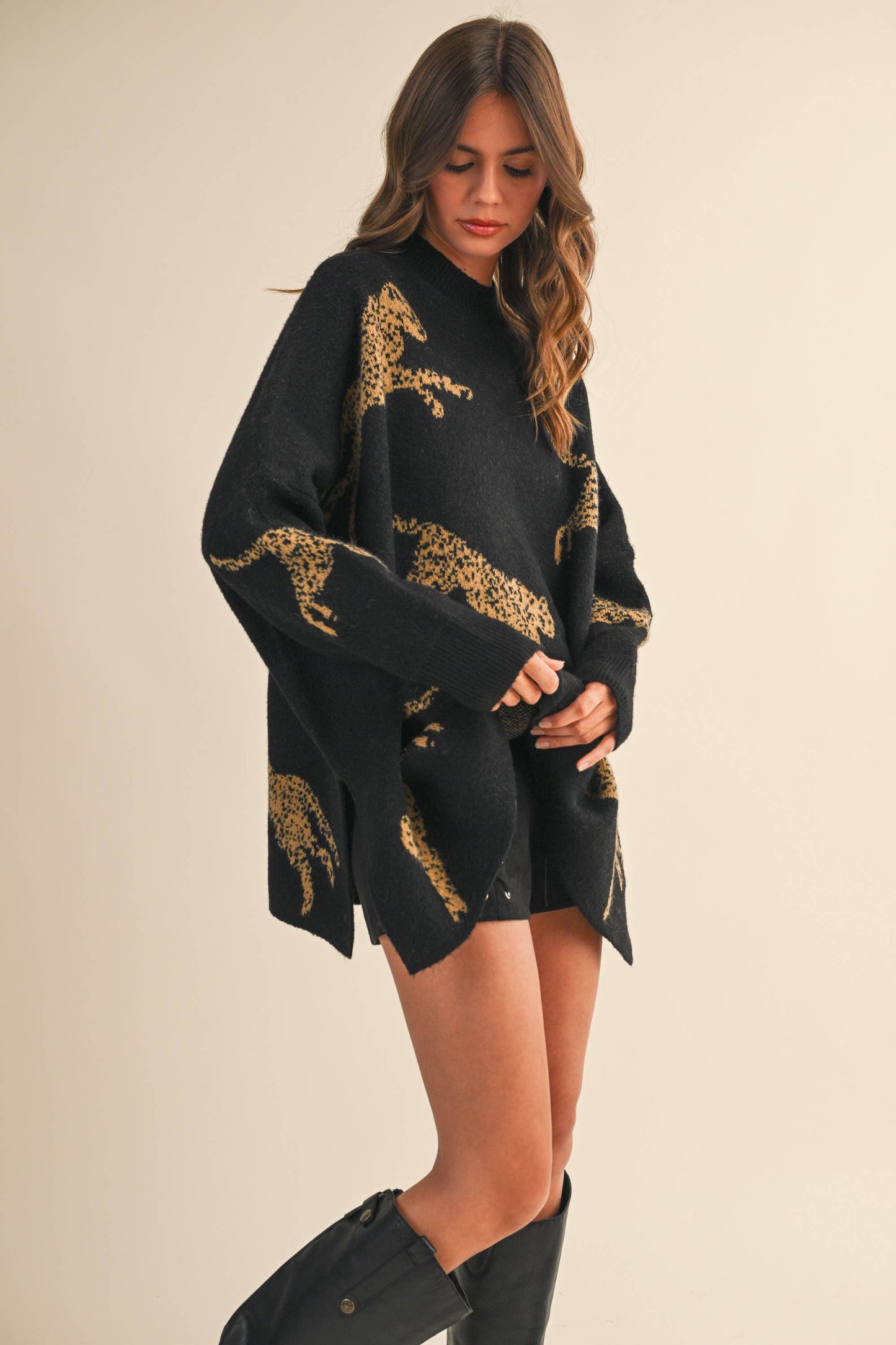 CHEETAH PRINT OVERSIZED MOCK NECK SWEATER