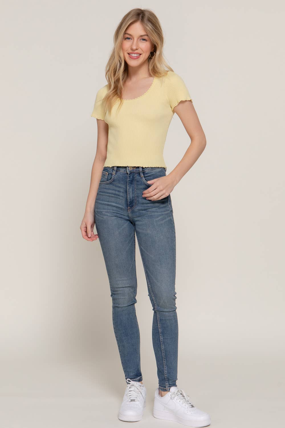 Short Sleeve Scoop Neck With Scallop Detail Spring Sweater