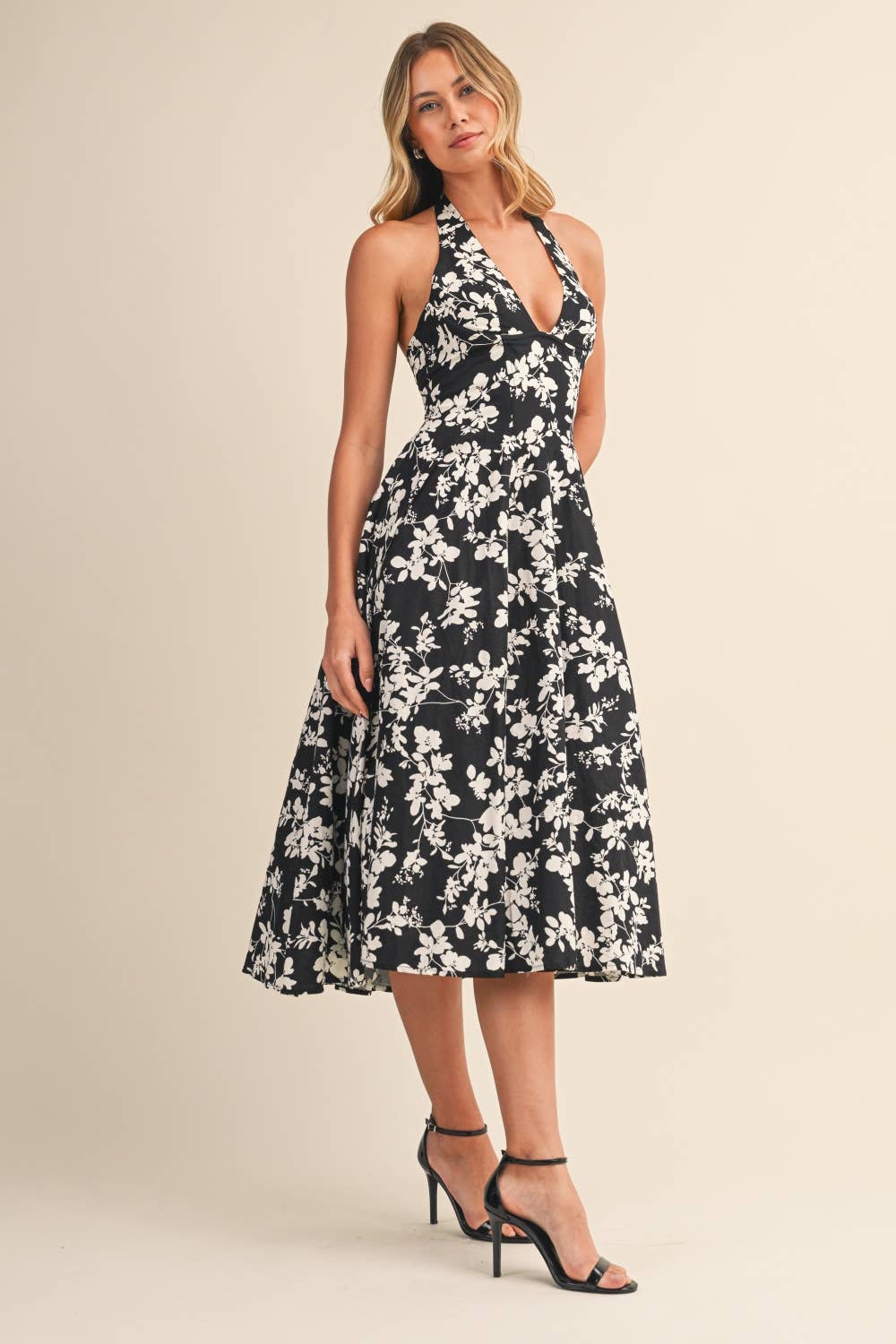 FLOWER PRINTED HALTER MIDI DRESS