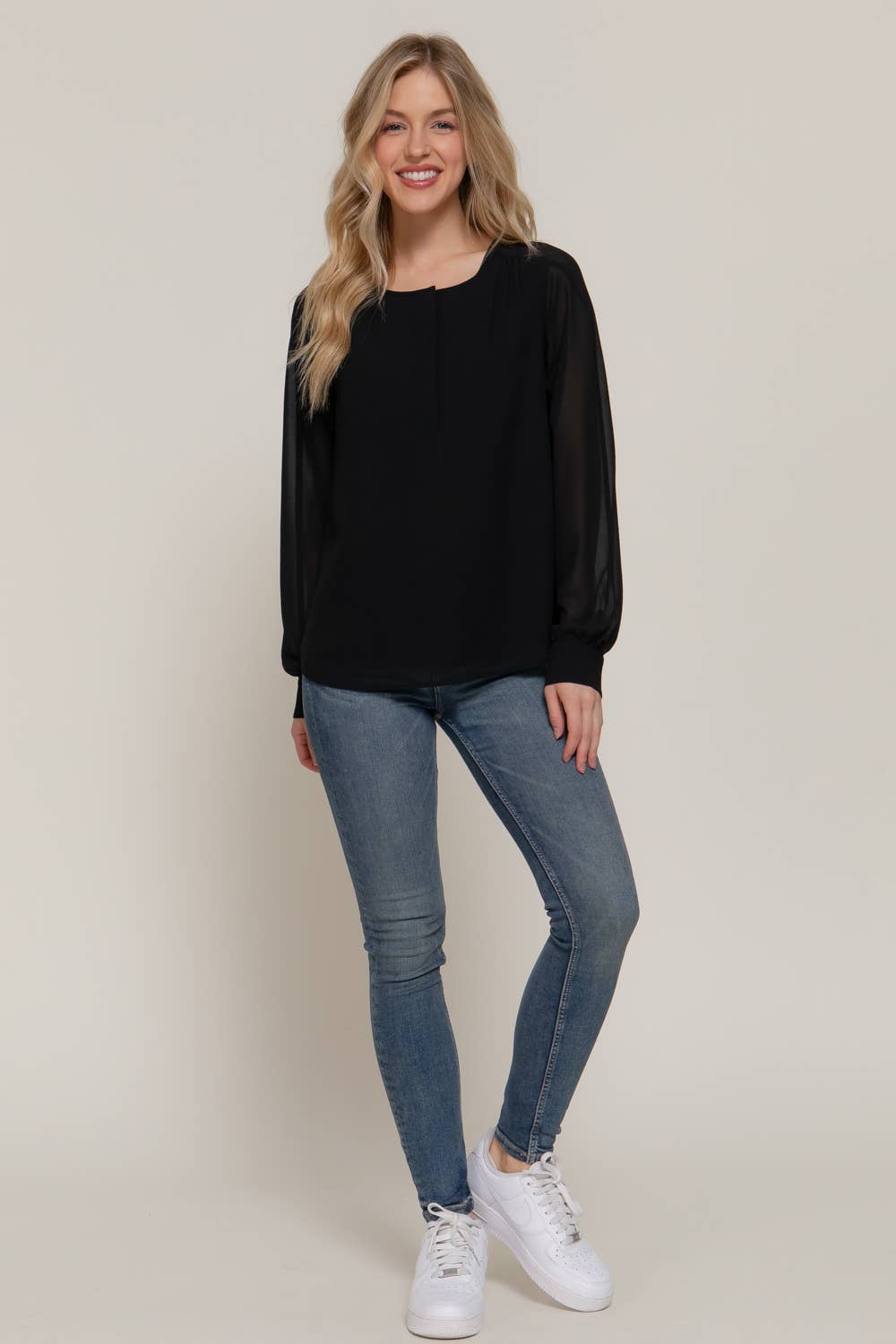 Long Sleeve Round Neck Chiffon Blouse