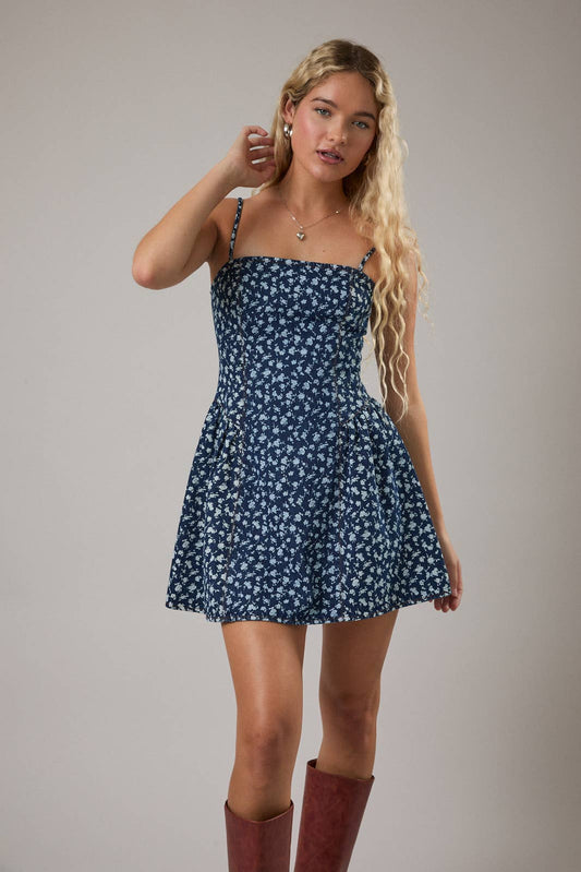 SPAGHETTI STRAP DROP WAIST DETAIL DENIM MINI DRESS