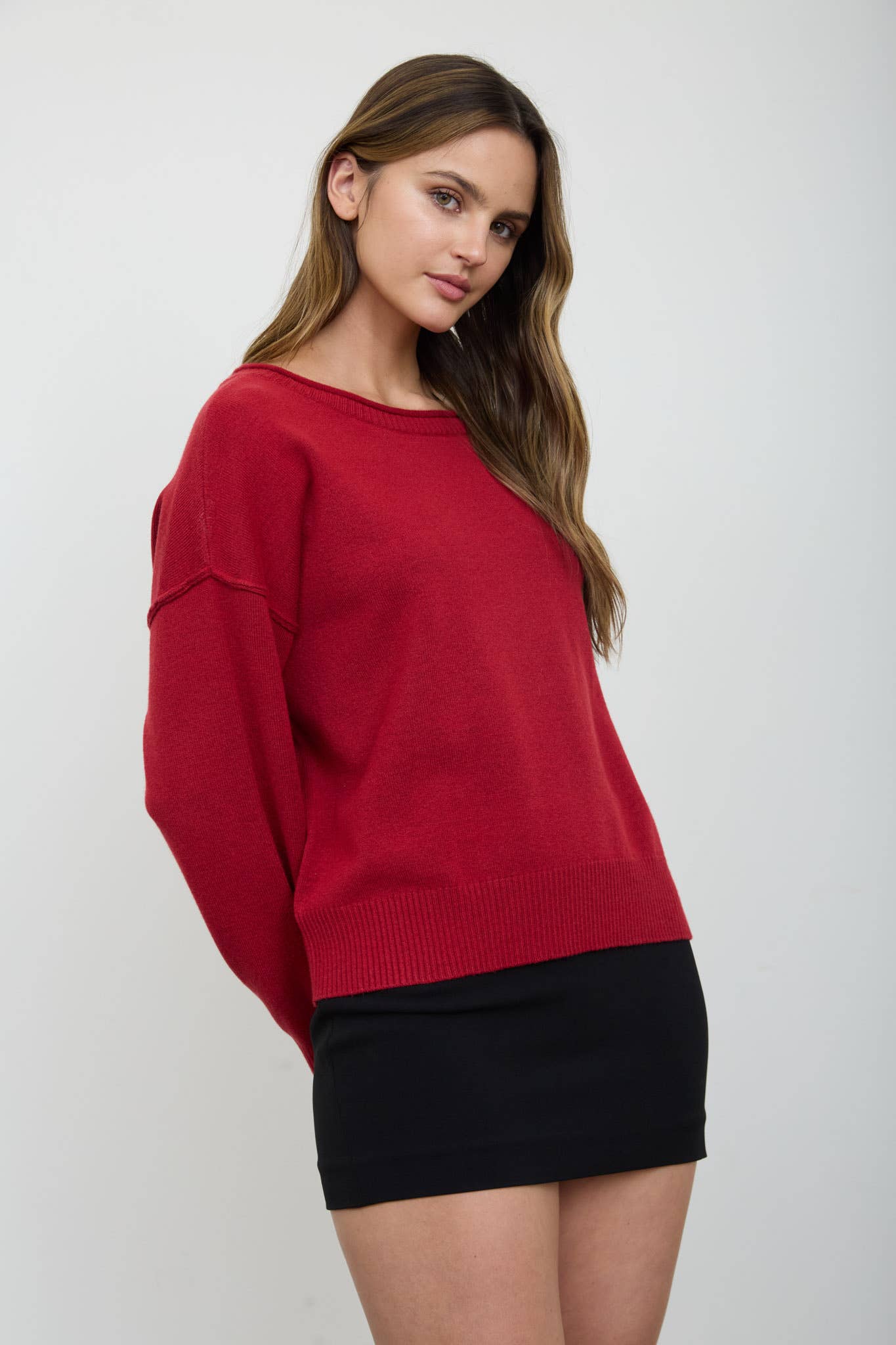 BOAT NECK RAW EDGE RELAXED KNIT PULLOVER SWEATER