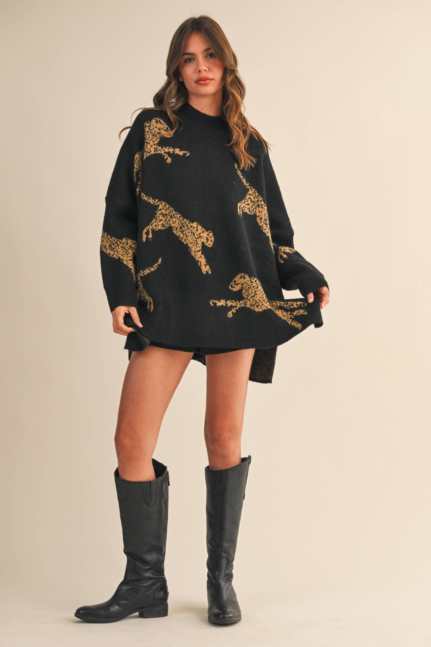 CHEETAH PRINT OVERSIZED MOCK NECK SWEATER