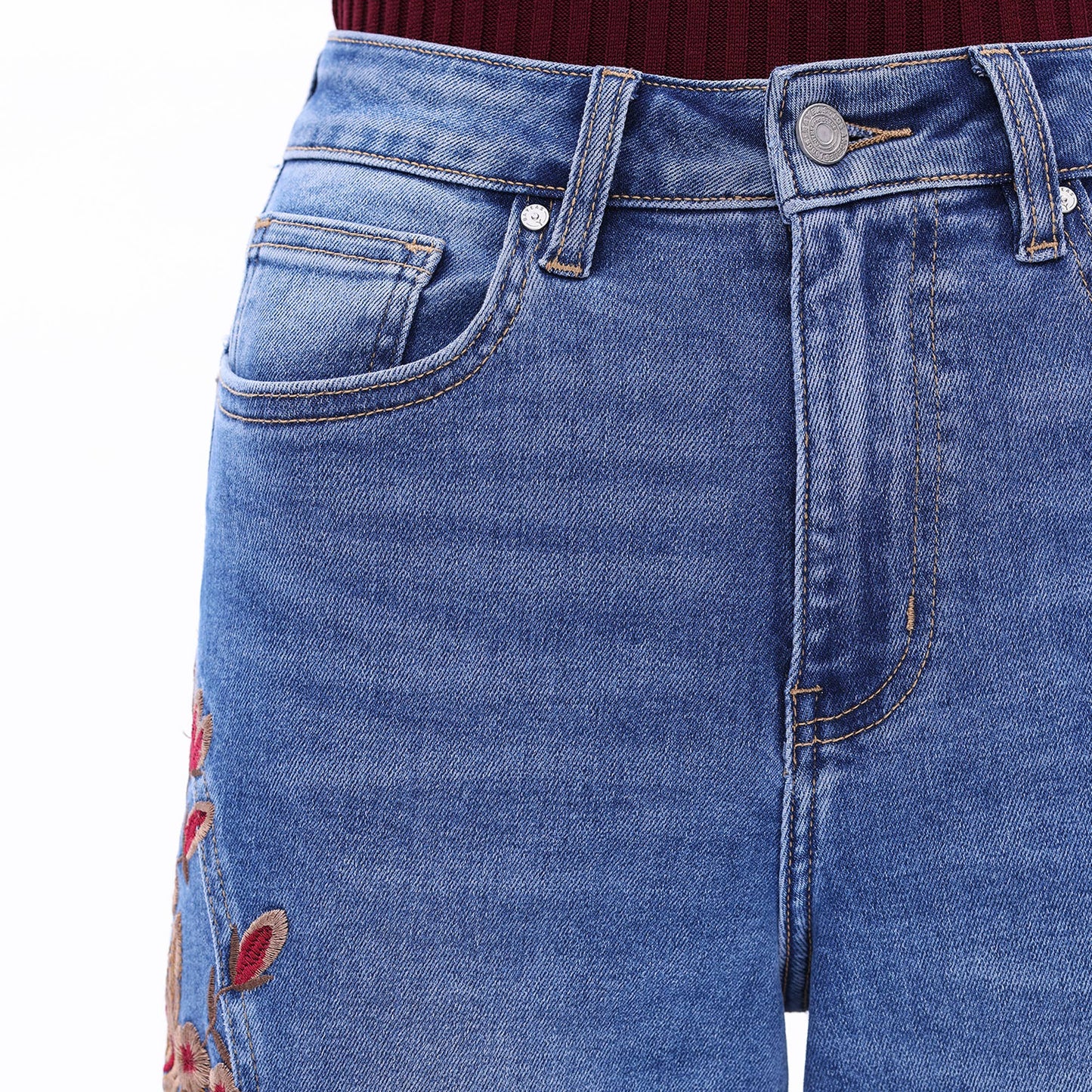 HIGH RISE EMBROIDERED WIDE LEG JEANS WITH RAW HEM BYW8254