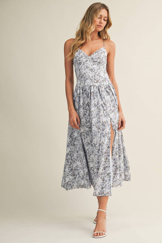 FLORAL PRINTED MIDI DRESS WITH TIED BACK /FULLY LINED