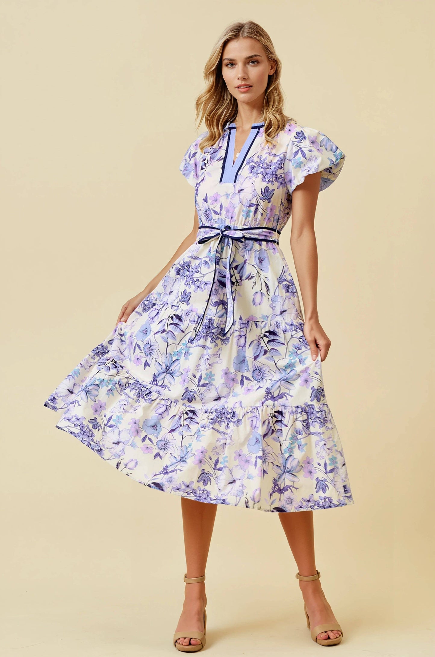 FLORAL PRINT BUBBLE SHORT SLEEVE TIERED MIDI DRESS
