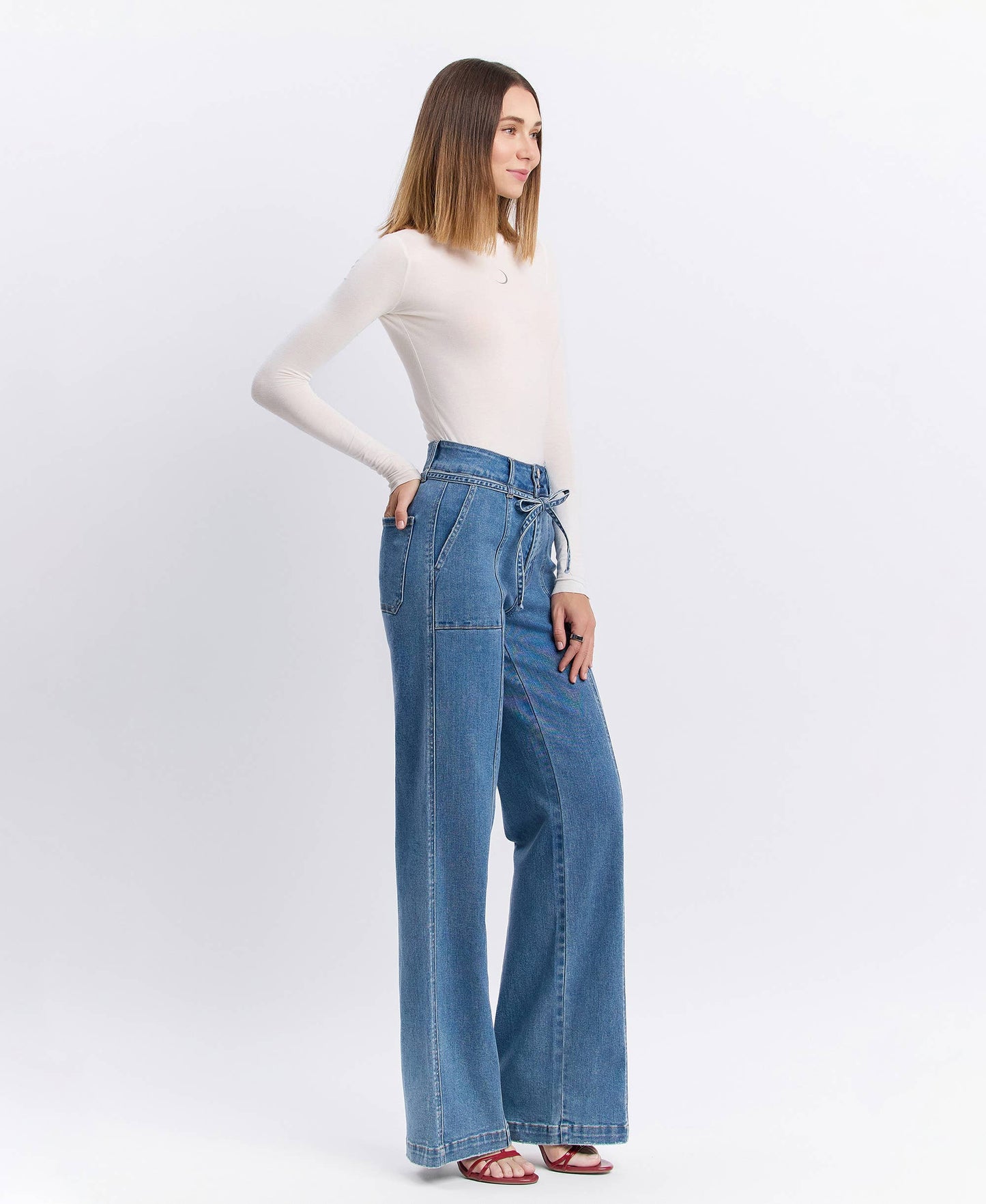 SUPER HIGH RISE TIE WAISTBAND WIDE LEG JEANS