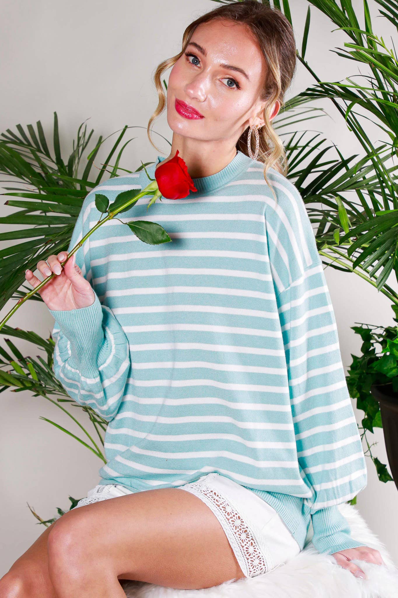 Crew Neck Balloon Long-Sleeve Knit Sweater Top