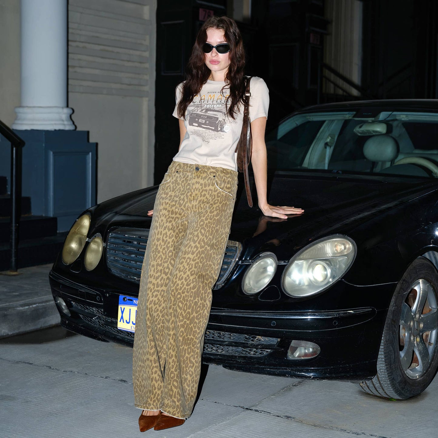 MID RISE LEOPARD PRINT STRAIGHT PANTS(FINISHED HEM)