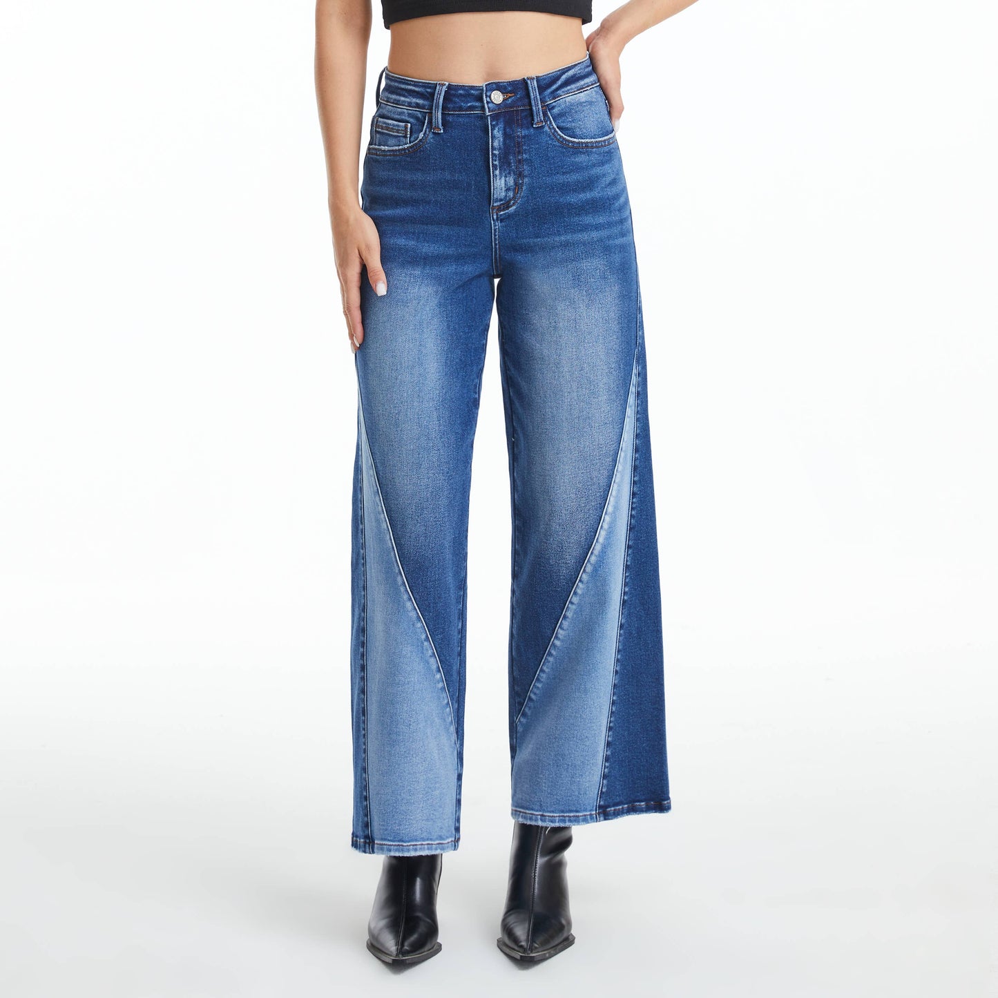 HIGH RISE TWO-TONES WIDE LEG JEANS