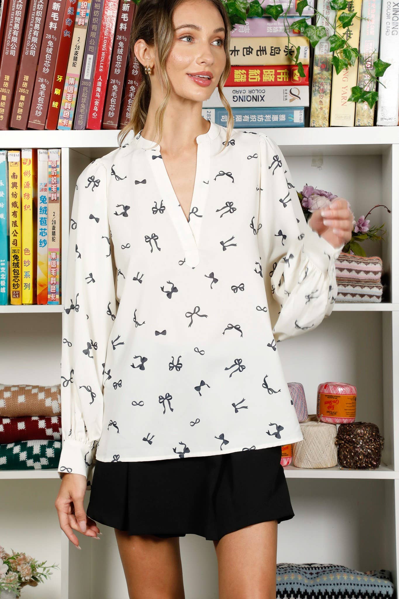 Bow Printed Neckband With Placket Blouse Top