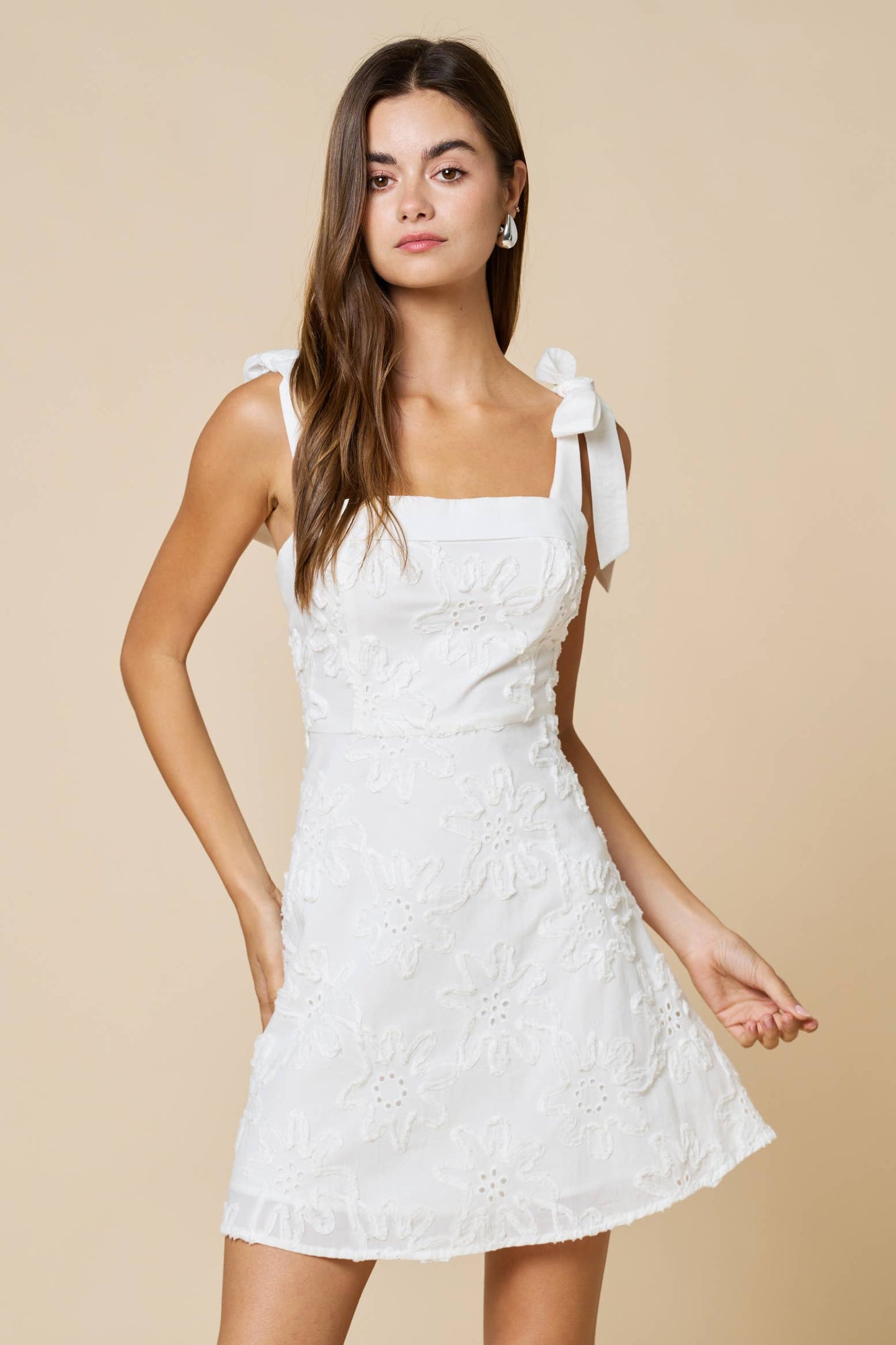 Flower Texture Dress W/ Bow Ribbon Shoulder Ties