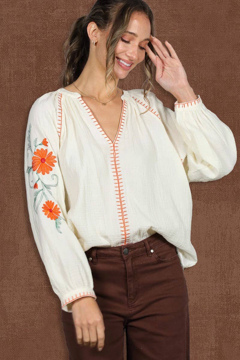 Boho Floral Embroidered  Gauze Blouse