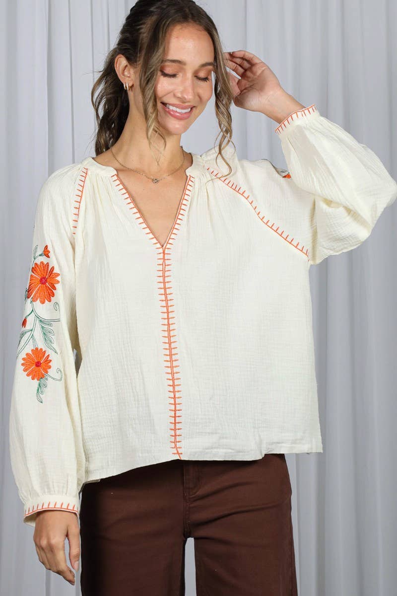 Boho Floral Embroidered  Gauze Blouse
