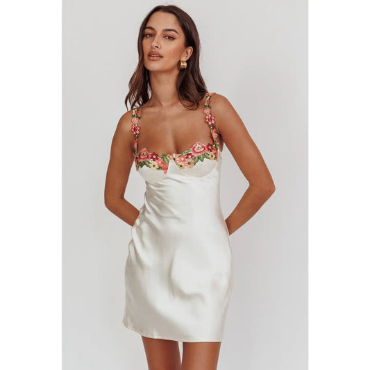 Embroidered floral trim mini dress