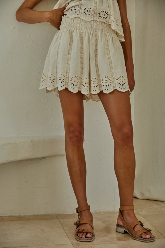 Woven eyelet flare shorts