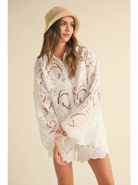 Floral eyelet patterned top