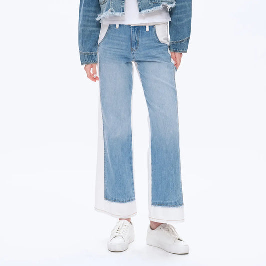 Mid rise two tone wide leg denim